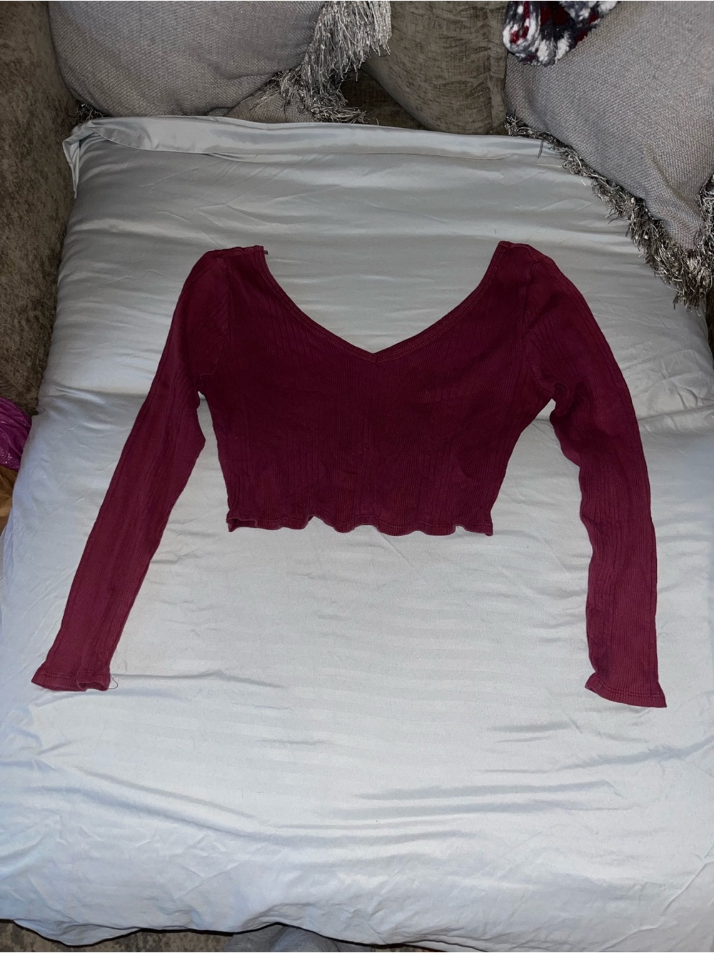 Arizona Jean Company Burgundy Ribbed V-Neck Long Sleeve Crop Top